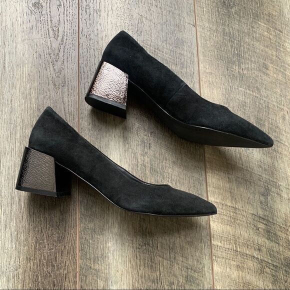 Bleeker and Bond Yasmine Black Suede Pumps Metallic Block Heel Size 6 - Picture 4 of 9